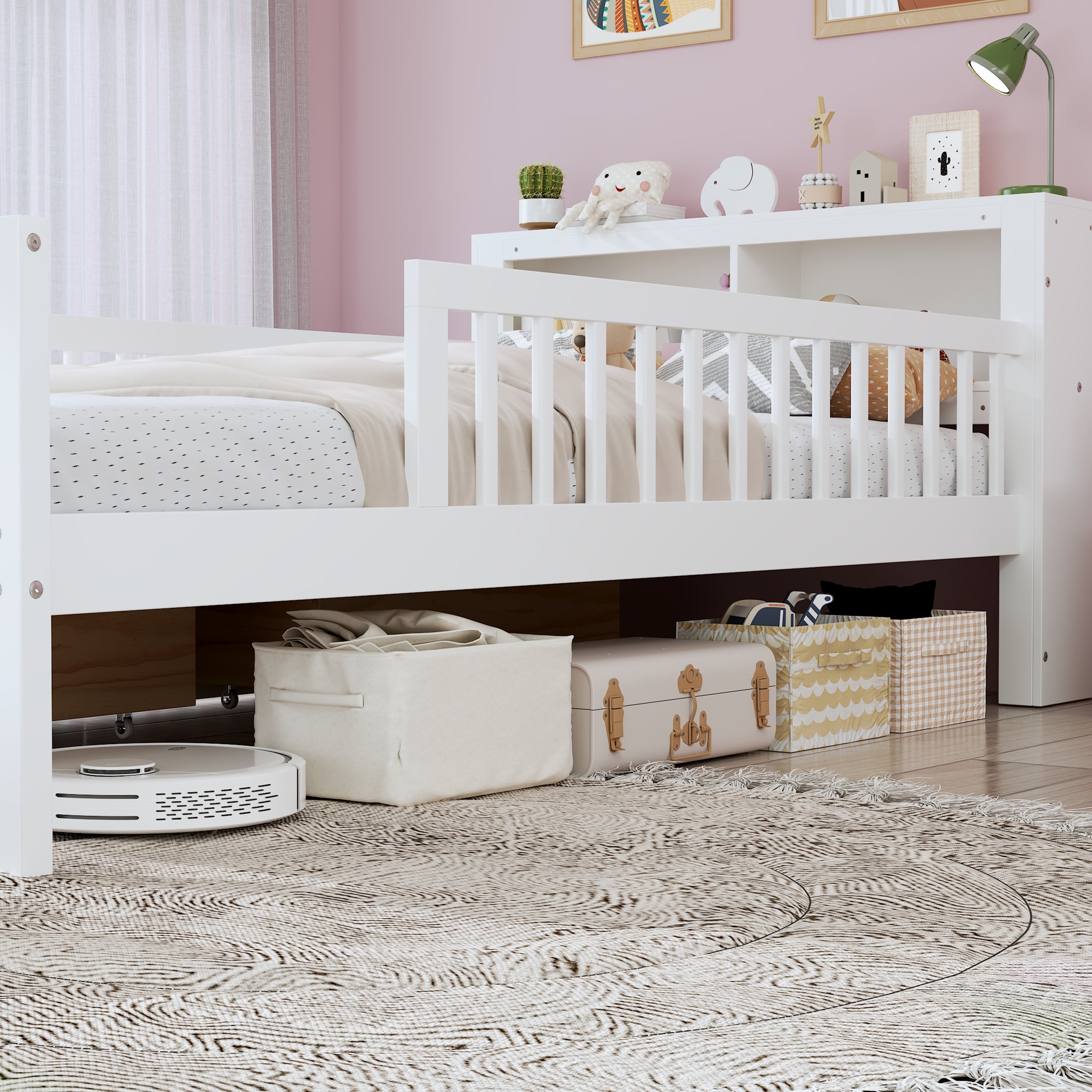 Euroco Wood Twin Size Platform Bed with Storage Headboard and Drawers, Low Profile Bed with Guardrails for Kids and Toddlers, White
