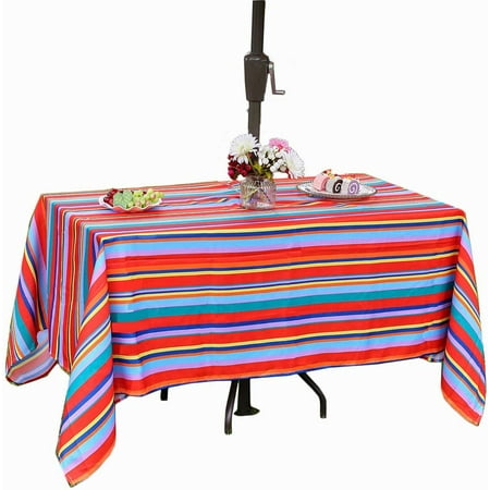 

60X 120\u201d Rectangle Outdoor Tablecloth Water-Resistant Tablecloth with Zipper Umbrella Hole for Outdoor Patio Dining Tables Red Stripe