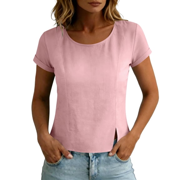 LIaqionyy Tops for Womens Crew Neck Short Sleeve Cotton Linen Cropped Shirts Summer Solid Color Blouses