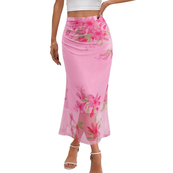 MEROKEETY Women's 2026 Summer Floral Mesh Midi Skirt, High Waist Ruched Boho Casual Trendy Skirt, Pink, L