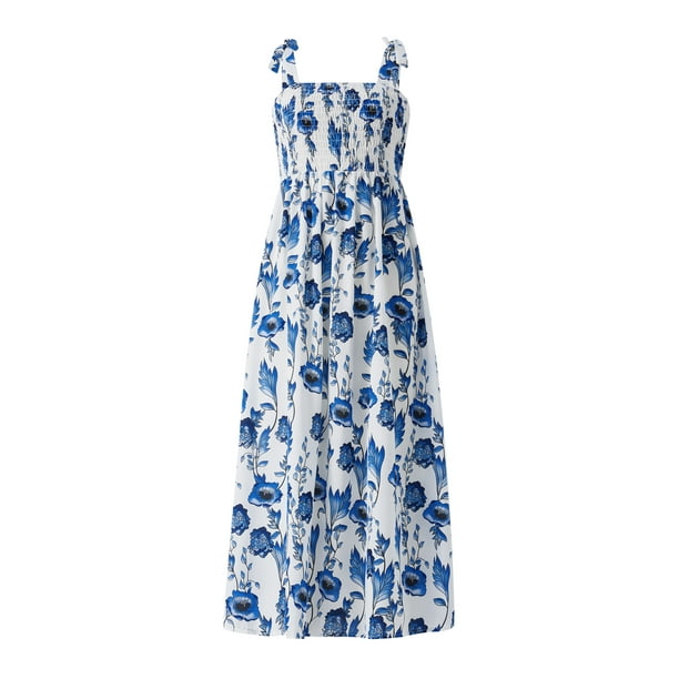 TRKIYQC Vestido Casual para Mujer Estampado Floral/Diseño de Color Sólido Sin Mangas Correa de Doble Lado Pliegues en el Pecho Vestido Largo de Playa TRKIYQC moda