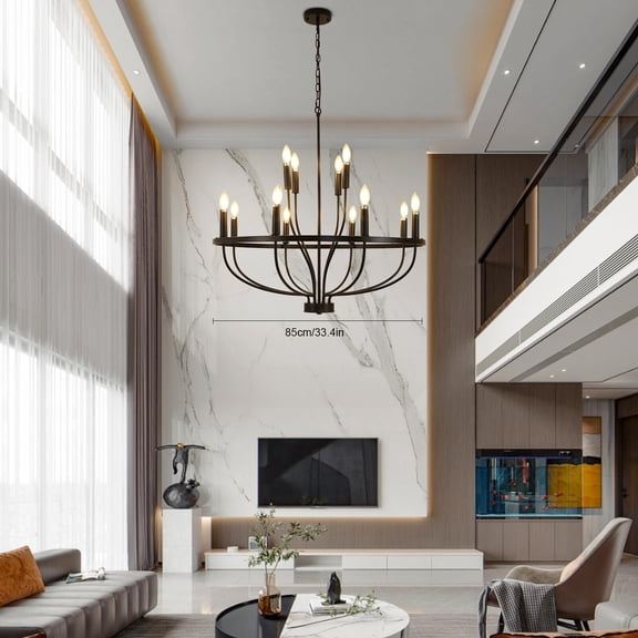 12-lights Black Chandelier Lamp Large Round Kitchen Pendant Light Fixture E12 for Kitchen Island, Dining Room, Entryway, Stairway (Bulb Not Included)