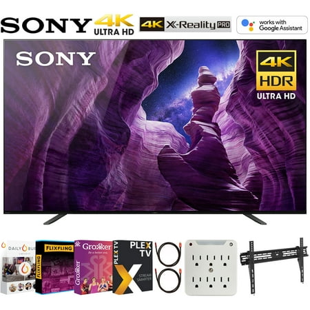 Sony XBR55A8H 55-inch A8H 4K Ultra HD OLED Smart TV (2020 Model) Bundle with Movies Streaming 2020 + 30-70 Inch TV Wall Mount + 6-Outlet Surge Adapter + 2x 6FT 4K HDMI 2.0 Cable