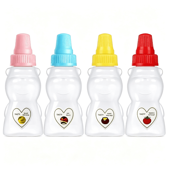NORIZF 4 Pcs Mini Condiment Squeeze Bottles for Lunch Accessories,Mini Ketchup Bottle for Lunch Box,Leakproof Salad Dressing Container to Go with Lid,Small Squeeze Bottles for Sauces Mustard,1 Oz