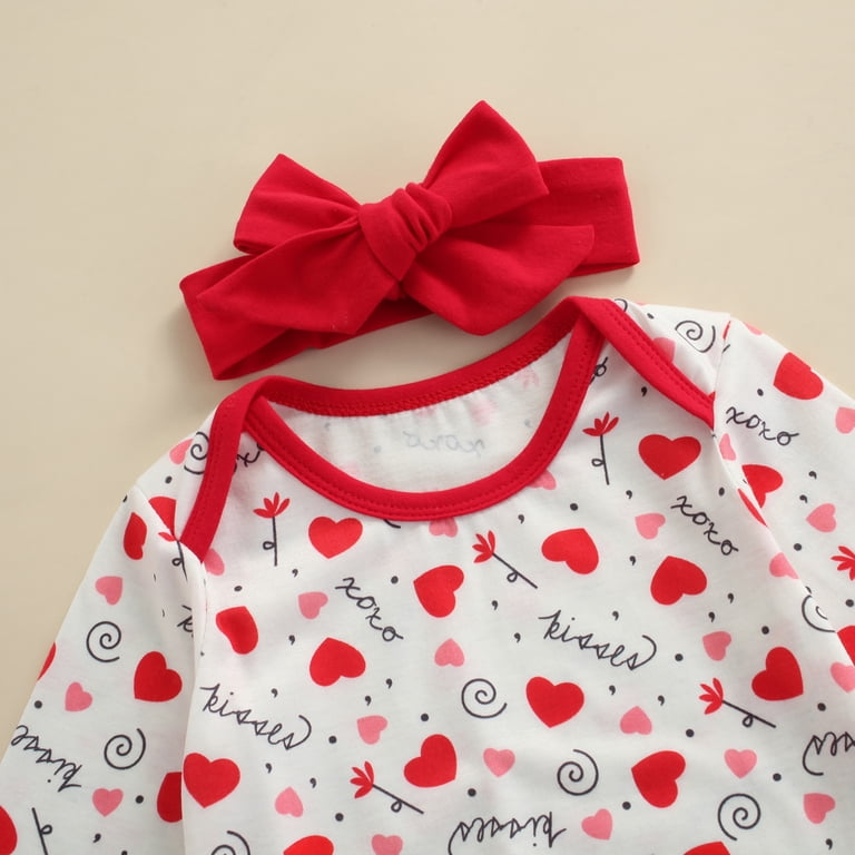 Baby Girl Heart-Print Romper With Headband - Long Sleeve One-Piece Outfit