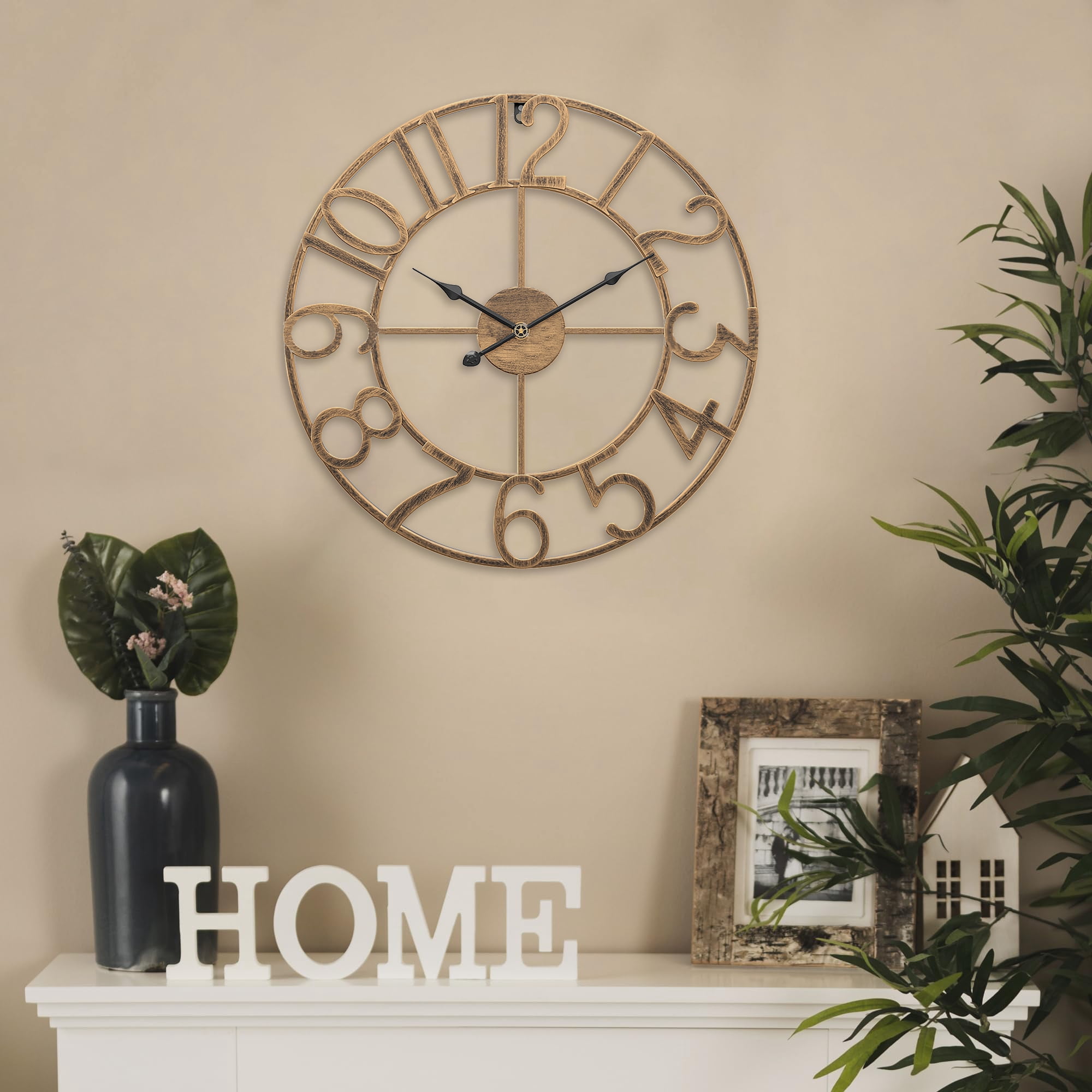 Arsvita Wall Clock, 16" Silent Non-Ticking, Battery Operated, Oversized, Decorative Retro Gold Metal Clock for Living Room,Farmhouse, Dinner Room,Indoor, Outdoor Decor(40cm, Gold Arabic Number)
