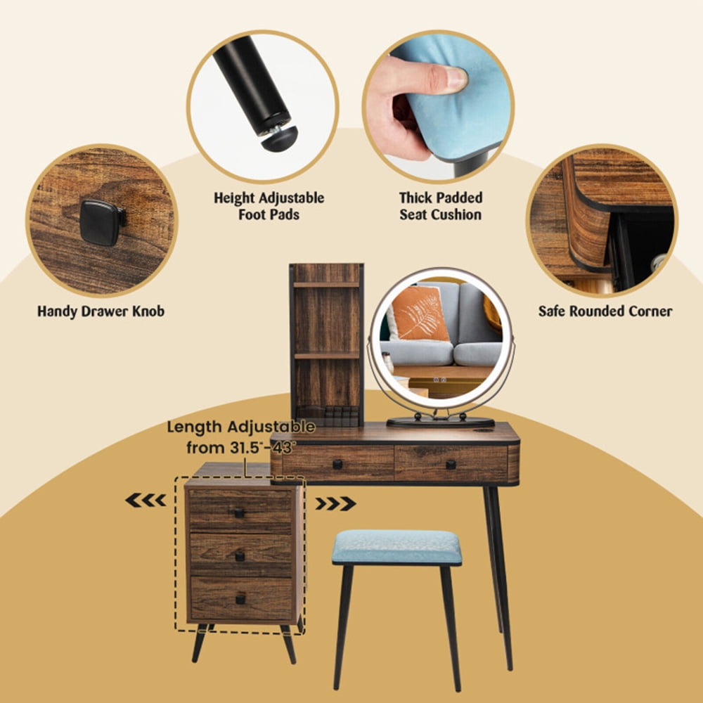 Resenkos Modern Vanity Desk Set with LED Lighted Mirror, 5 Storage Drawers and 3 Display Shelves, Makeup Vanity with Cushioned Stool for Bedroom Brown
