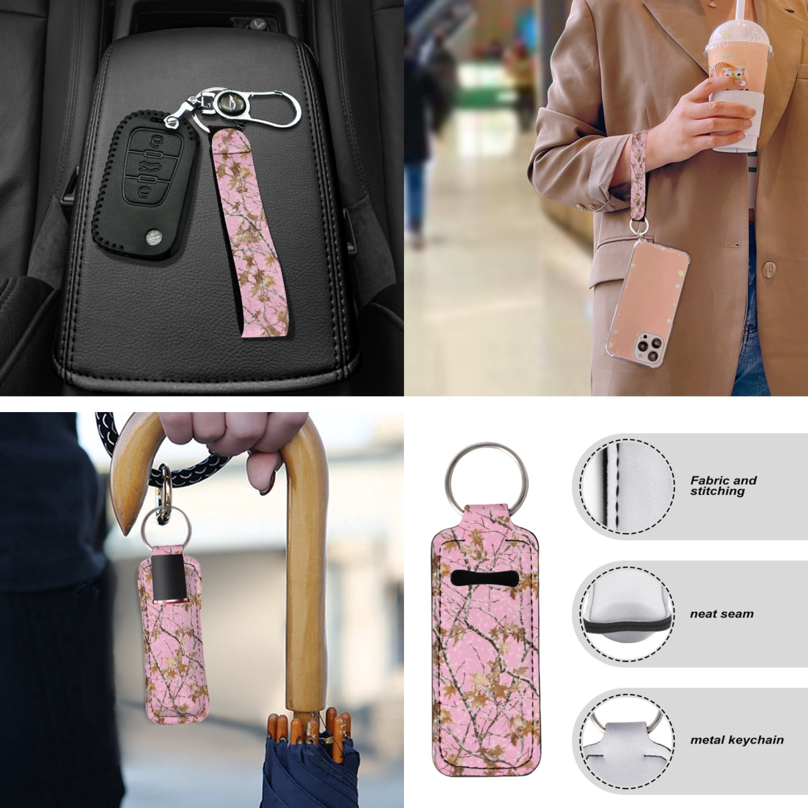 Yuyamidu 13 PCS Camo Hunting Car Seat Covers Set Pink Wood Steering Wheel Cover Seat Belt Covers Car Armrest Cover Cushion Coasters Lipstick Holder Keychain Auto Interior Accessories