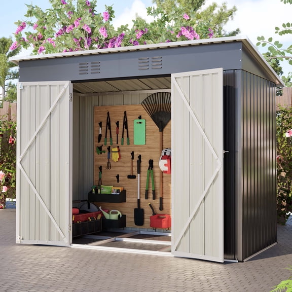LZBEITEM 8 x 4 ft Outdoor Metal Storage Shed, Small Metal Sheds & Garden Tool Shed with Galvanized Floor Frame Kit Lockable for Garden, Backyard