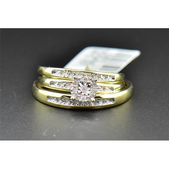 Diamond Trio Set His Hers Matching Engagement Ring Wedding Band 10K Yellow Gold