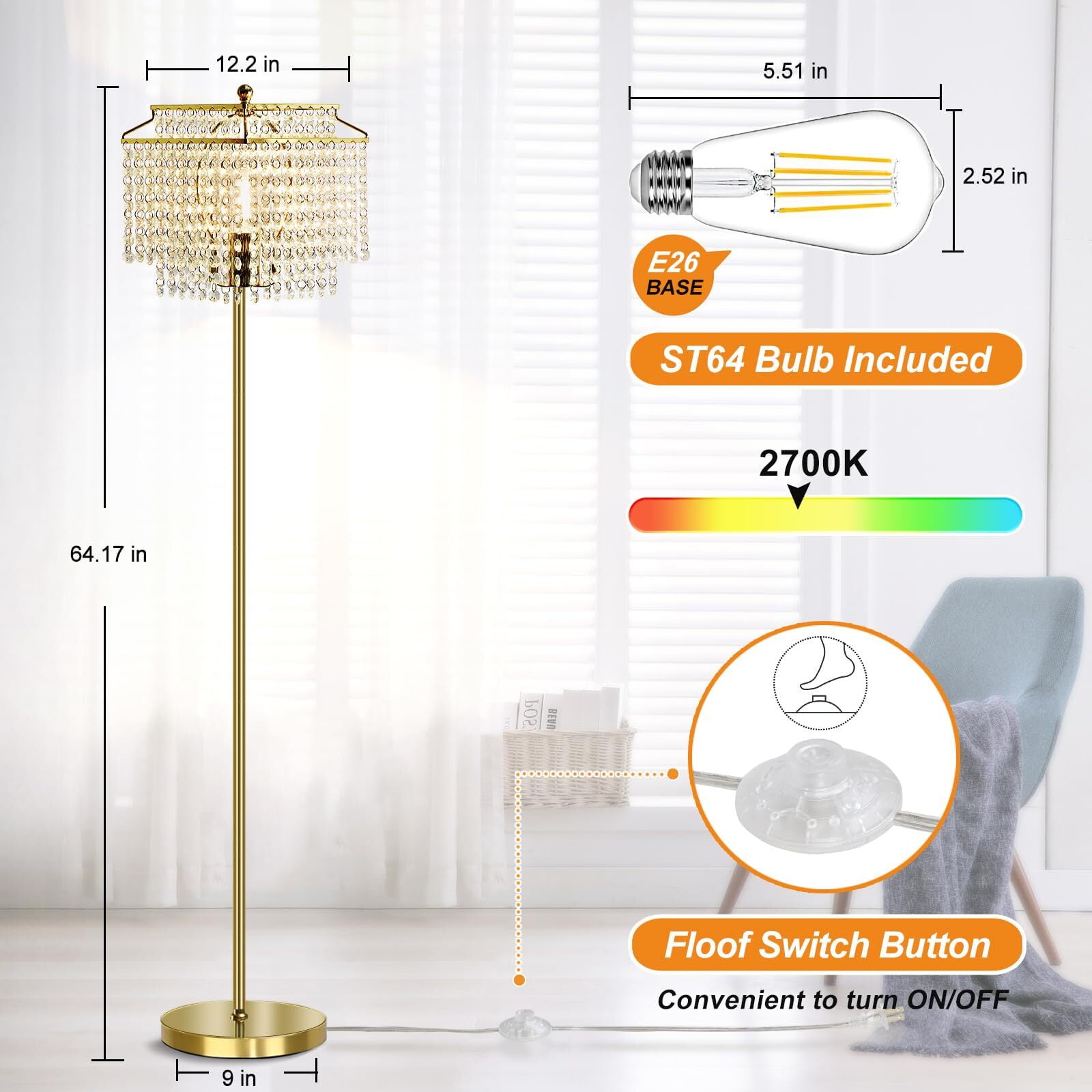 NATYSWAN Gold Crystal Floor Lamp , Modern Standing Lamps with Double-Layer Lampshade, on-off Foot Switch, for Living Room, Bedroom, Office, 8W Bulb Included