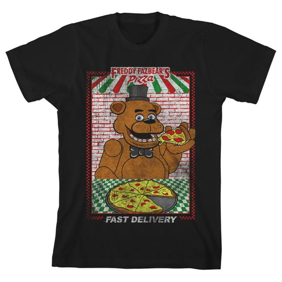 Bioworld Five Nights at Freddy's Fazbear's Pizza Fast Delivery Ad Layout Screen Print on Forest Black Tee-M