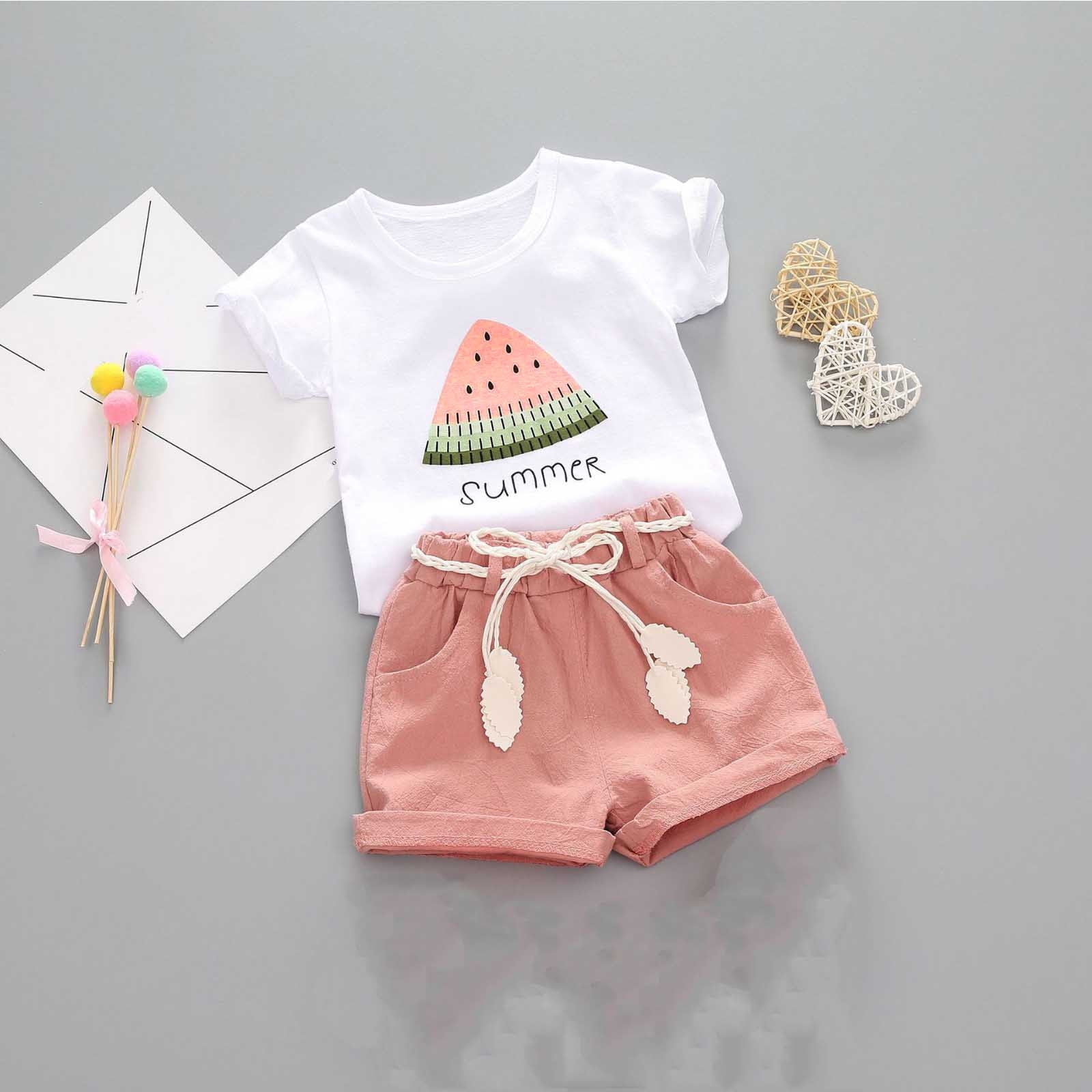 QTOCIO Toddler Girls Outfits, Kids Girl Clothes, Fashion Girls' Casual Short Sleeve Round Neck Collar Botton Short Pants Sets, Pink, 2 Years