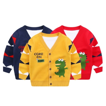 

Godderr Toddler Kids Boys Fall Winter Cotton Dinosaur Cardigan Knit Sweater Tops V-Neck Button Cardigan Jacket for 1-7 Years