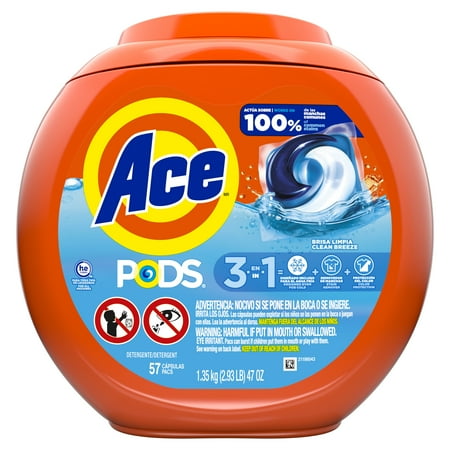 Ace 3 in 1 Pods Laundry Detergent Pacs, Clean Breeze Scent, 47 oz, 57 Count