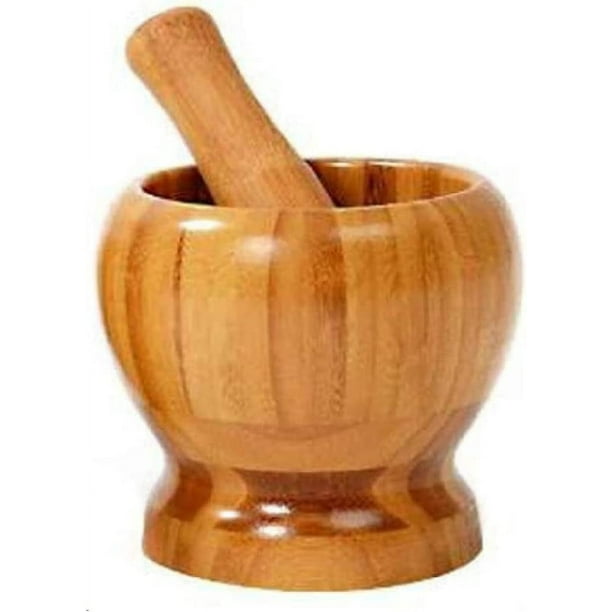 Nvzi Molinillo de mano de mortero y maja de bambú para prensar ajo, molinillo de café de 4,7 pulgadas, triturador de hierbas y especias, triturador de jengibre, molinillo de especias de madera natural