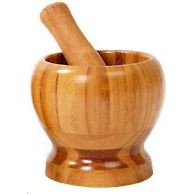 Nvzi Molinillo de mano de mortero y maja de bambú para prensar ajo, molinillo de café de 4,7 pulgadas, triturador de hierbas y especias, triturador de jengibre, molinillo de especias de madera natural