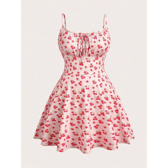 Pink Floral Print Fit & Flare Mini Dress With Spaghetti Straps And Tie Front