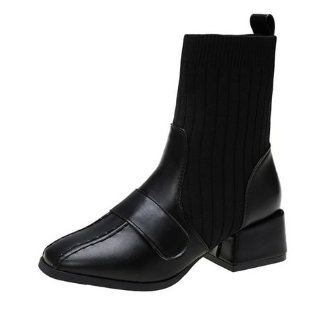 

asdoklhq Boots Under $15 Socks Boots Women s Large Size Flying Knit Thick and Thin Boots Square Toe Boots