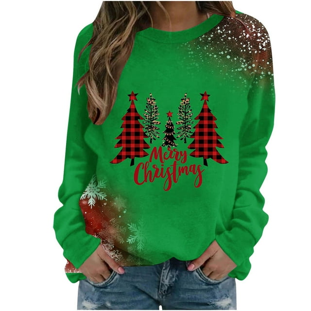 Staron Chandail de Noël Laid pour Femmes Hauts Mode Joyeux Noël Imprimé Arbre Léopard à Carreaux Chandails Col Rond Chandail Manches Longues Blouse Décontractée Cadeau de Noël pour Maman