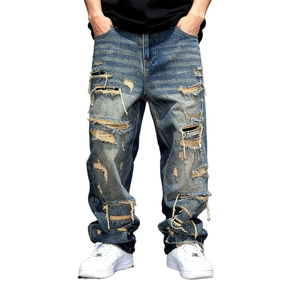 Reppunk Men's Ripped Distressed Straight Baggy Jeans Trousers Streetwear Menswear Plain Solid Color Casual Denim Pants