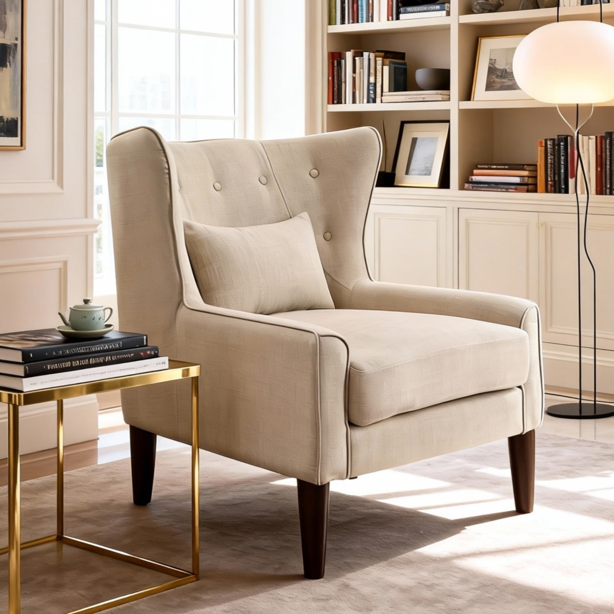 Gewnee Beige 32" Accent Chair - Solid Rubberwood Legs, Linen Fabric with Back Cushion, Suitable for Living Room & Balcony