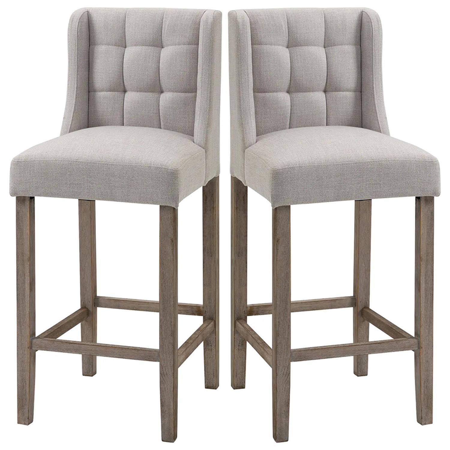 Demi Bonn Modern Bar Stool Set of 2, Cushioned Bar Height Stool with Button Tufted Upholstered Back and Rubber Wood Legs for Kitchen, Dinning Room, Beige