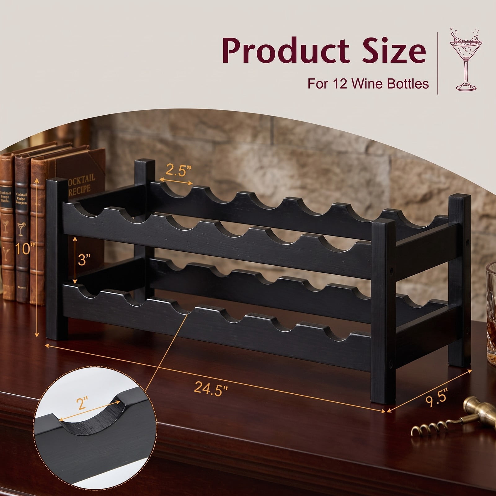 RUIE 2-Tier Bamboo Wine Rack, 12-Bottle Freestanding Countertop Storage Shelf for Kitchen Pantry Bar Wine Cellar, Space-Saving Wooden Bottle Holder Display, Black