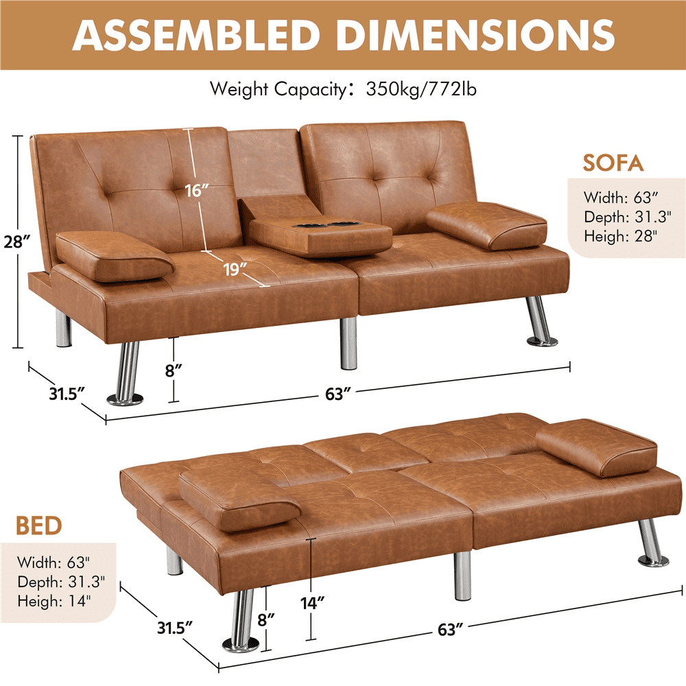 Renwick Modern Faux Leather Futon Sofa Bed Convertible Folding Couch with Cup Holders, Brown
