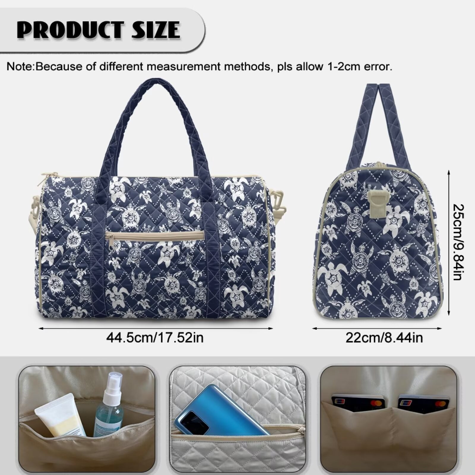 Chririnla Blue Turtles & Flower Pattern Large Travel Duffel Bags Unisex Casual Weekender for College Student with Luggage Handle Strap & Quilting Design