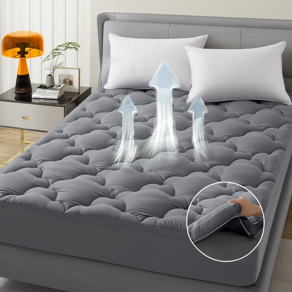 Cooling and Breathable Queen Size Mattress Topper, Extra Thick Pillow Top Airflow Pad & Mattress Protector Queen for Back Pain Relief, Breathable Bed Topper Queen Grey Deep Pocket Cover