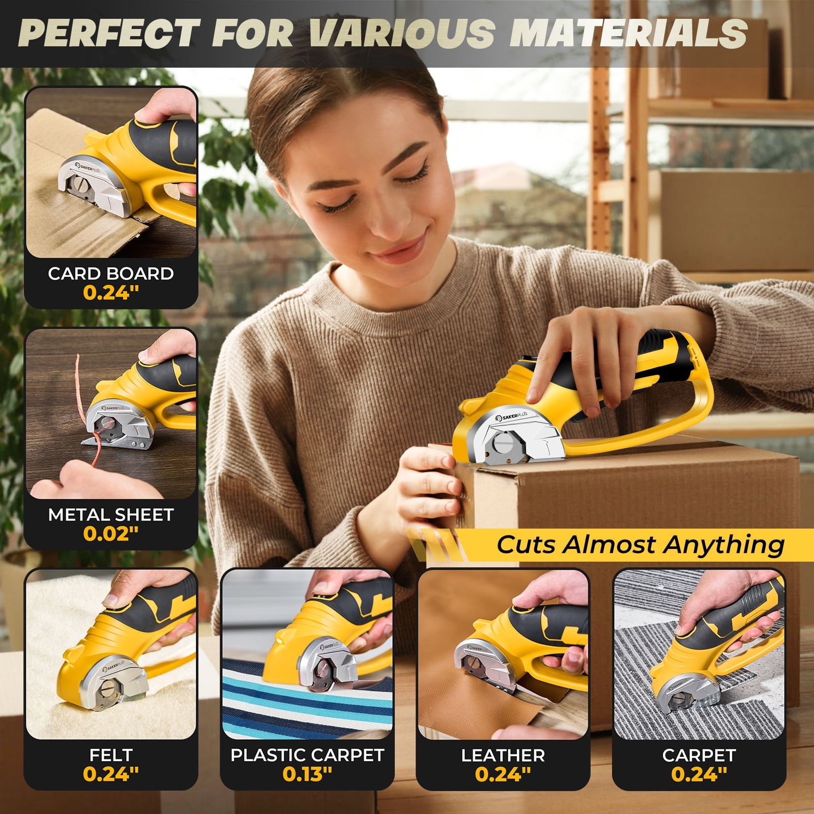 Saker 4V Cordless Electric Scissors, Cardboard Cutter with Safety Lock, LED Light, 220RPM Rotary Cutter for Cardboard, Fabric, Box, Leather, Yellow