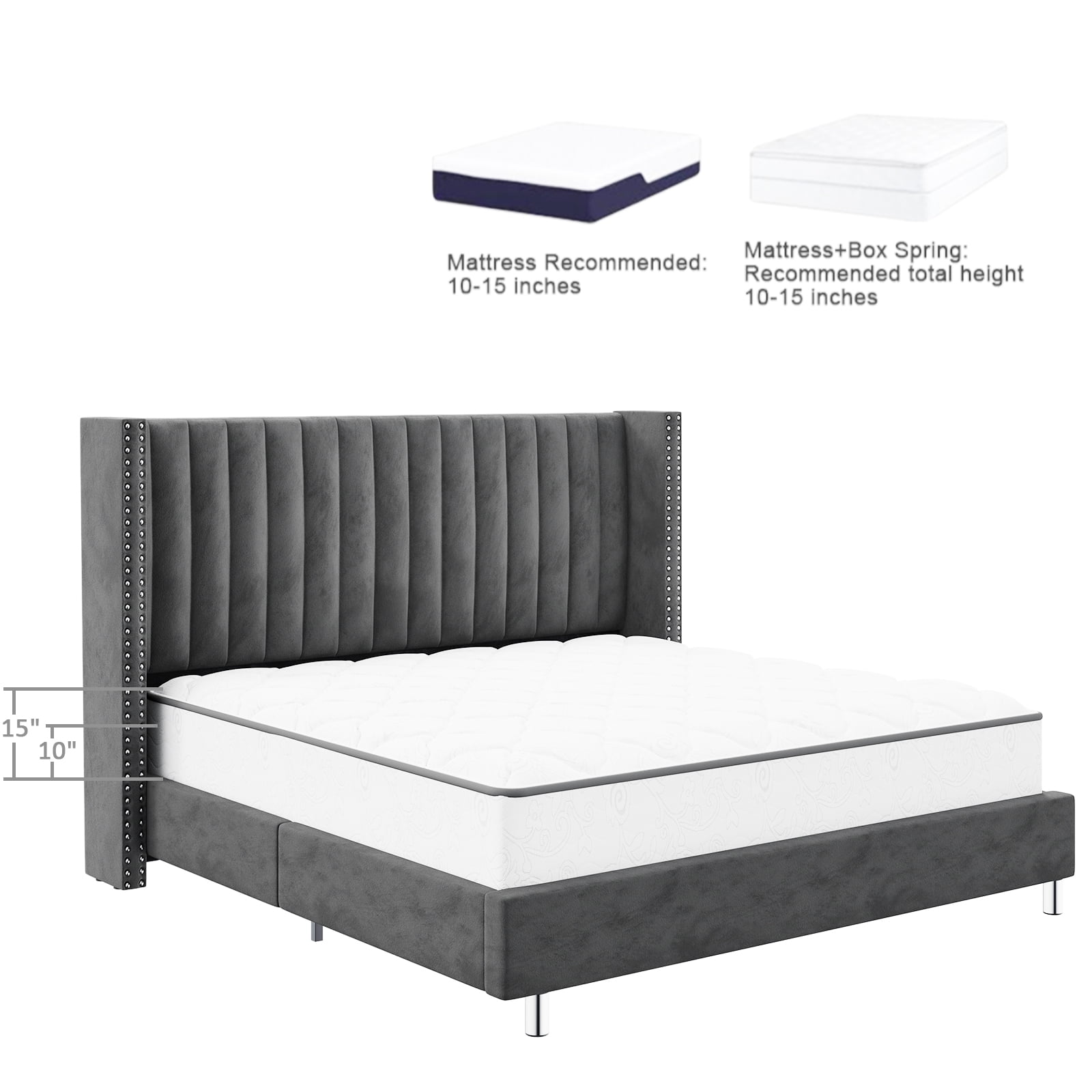 Merluxy Queen Velvet Channel Tufted Wingback Bed with Wood Slats and Metal Support, Dark Grey