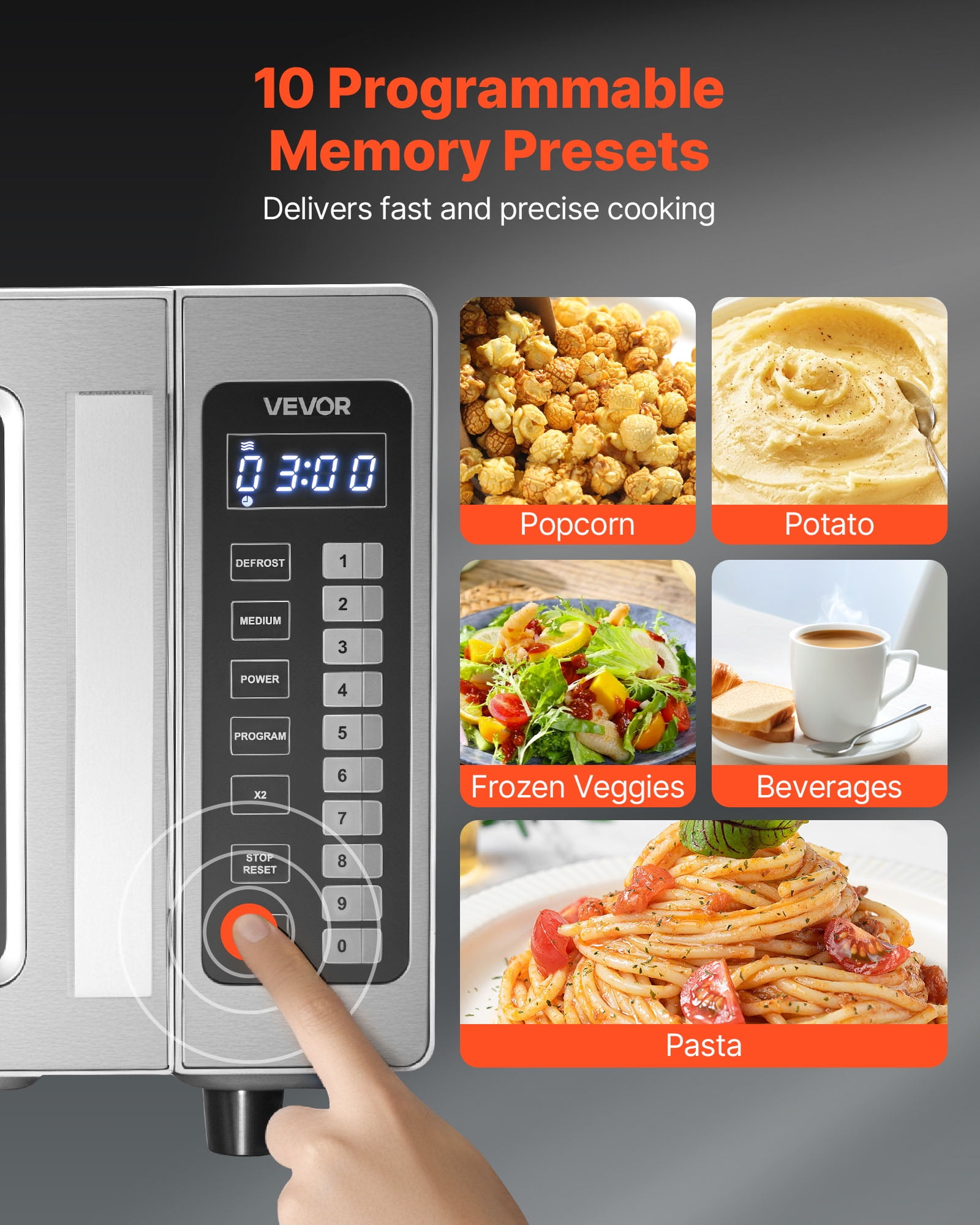 VEVOR Countertop Microwave Oven, 0.9 Cu Ft,1000W Digital Stainless Steel Microwave Oven with Touchscreen,10 Cooking Presets,5 Power Levels,Multi-Lock Door & Easy Clean Interior for Commercial Use