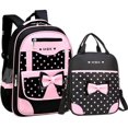 thumbnail image 1 of 2Pcs Bowknot Wave Point Prints Primary School Bookbag Rucksack Kids School Backpack Sets Student Book Bag for Students,2Pcs Black-L, 1 of 5