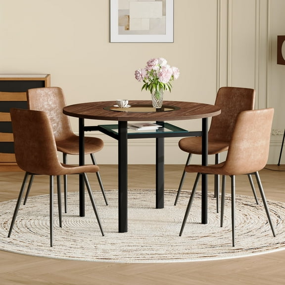NYEESS 5-Piece Round Dining Table Set for 4, 42" Modern Wood Grain Kitchen Table with Tea-colored Glass & Storage, 4 Brown Suede Chairs, Black Metal Legs