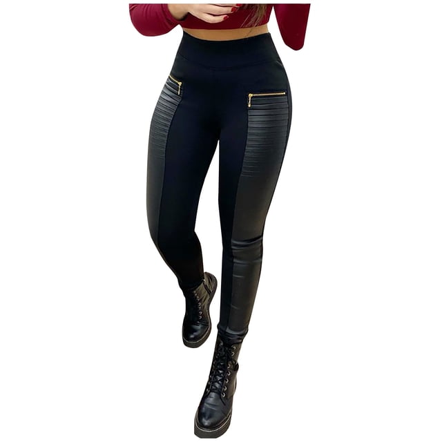 WEIYLL Pantalon pour Femmes Taille Haute Design en Faux Cuir Fermeture Éclair Contraste Noir Pantalon Taille g