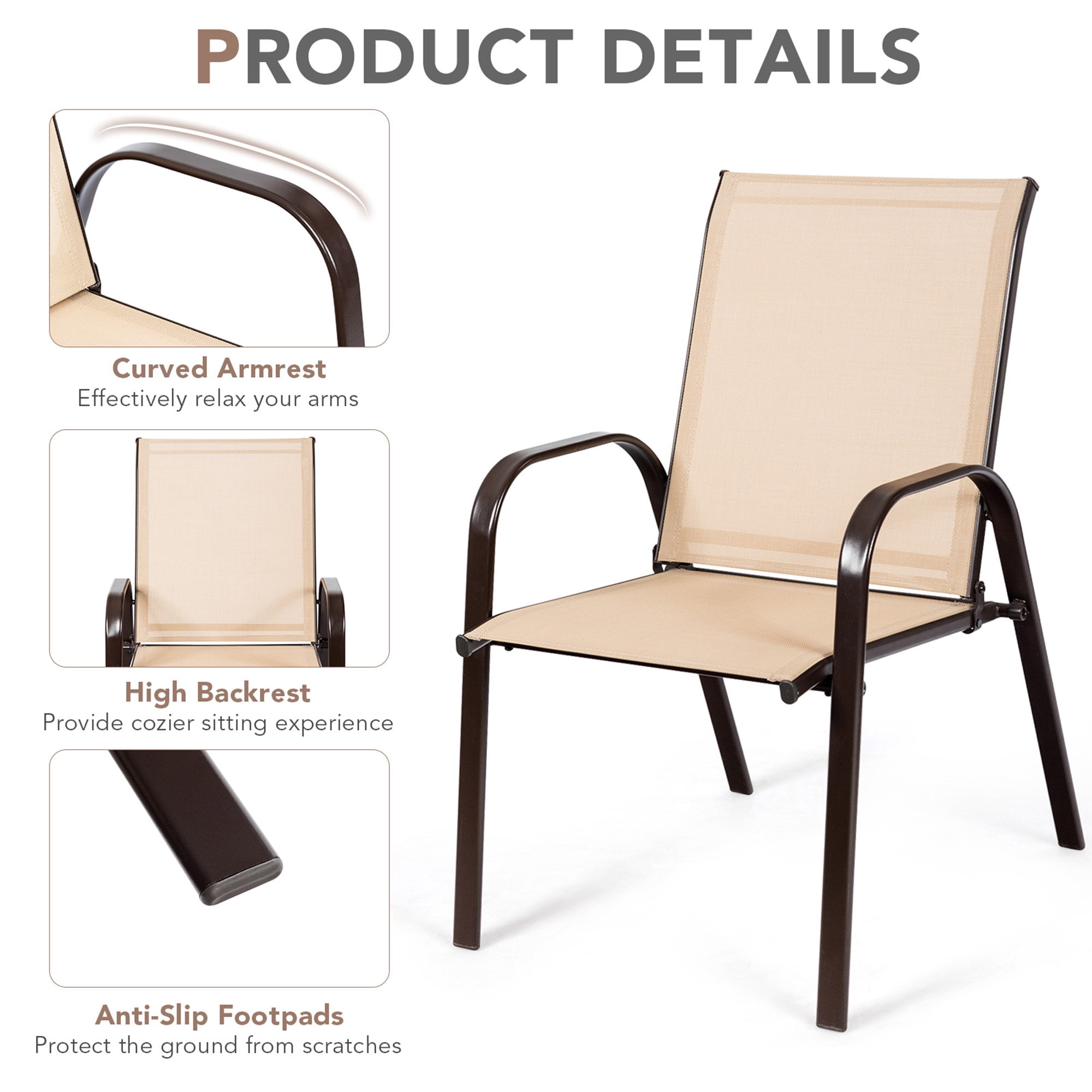 Gymax Set of 2 Patio Chairs Dining Chairs w/ Steel Frame Yard Outdoor Beige