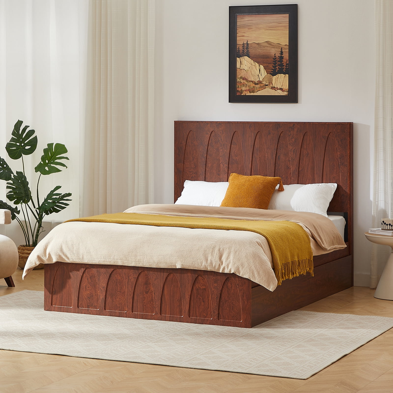 Mintazer Queen Size Curved Groove Platform Bed with 4 Drawers, Platform Storage Bed for Bedroom & Guest Room, No Box Spring Needed, Brown