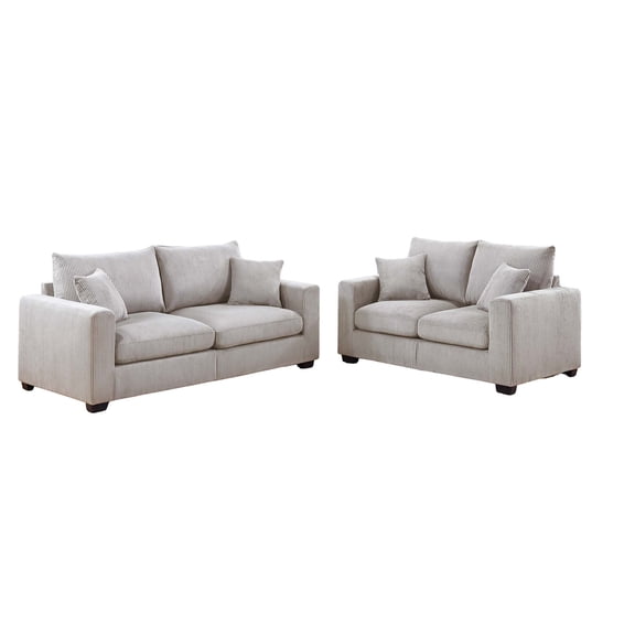 JERFIT Modern 2-Piece Ivory Corduroy Sofa and Loveseat Set with Pillows, Plush Square Arm Couch for Living Room