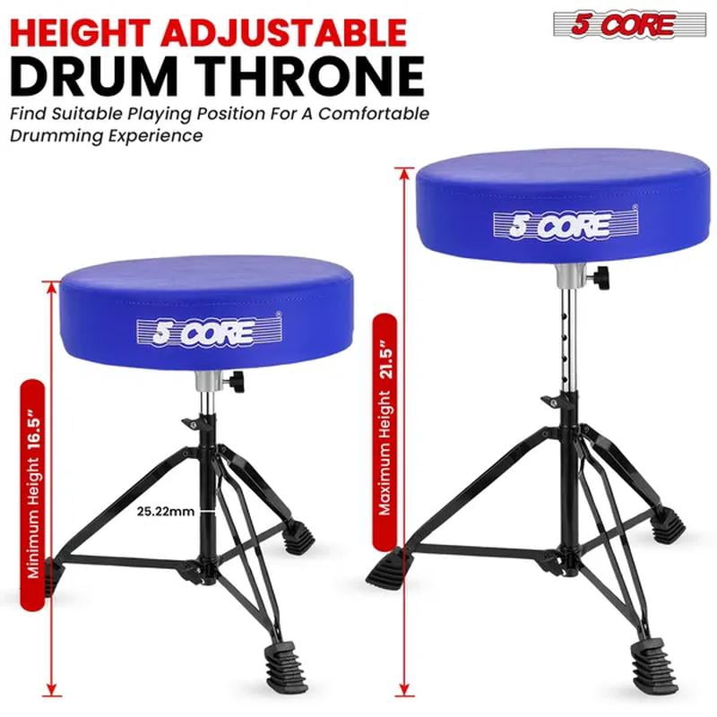 5 Core Drum Throne 3 Inch Thick Padded Comfortable Guitar Stool Double Braced Drummer Chair Height Adjustable Musician Seat Blue - DS BLKCH BLU