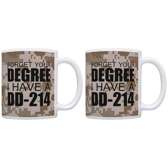 ThisWear Retired Military Gifts Forget Your Degree I Have a DD-214 11 ounce 2 Pack Coffee Mugs Camo