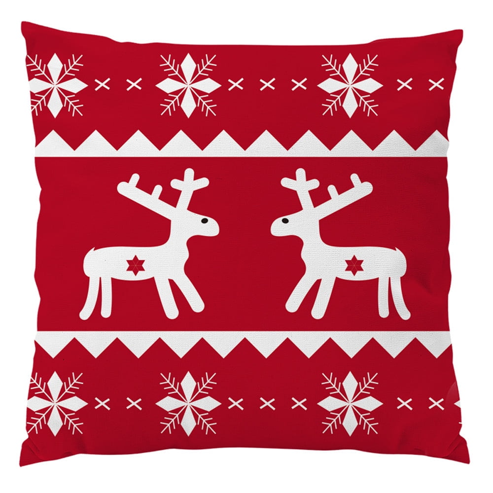 Red Vintage Christmas Linen Pillow Case Xmas Deer Cushion Cover