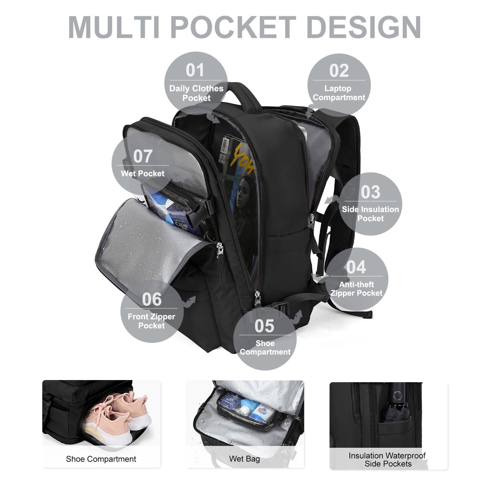 Large Backpack Women, Carry On Backpack,Hiking Backpack Waterproof Outdoor Sports Rucksack Casual Daypack School Bag Fit 14 Inch Laptop with USB Charging Port Shoes Compartment