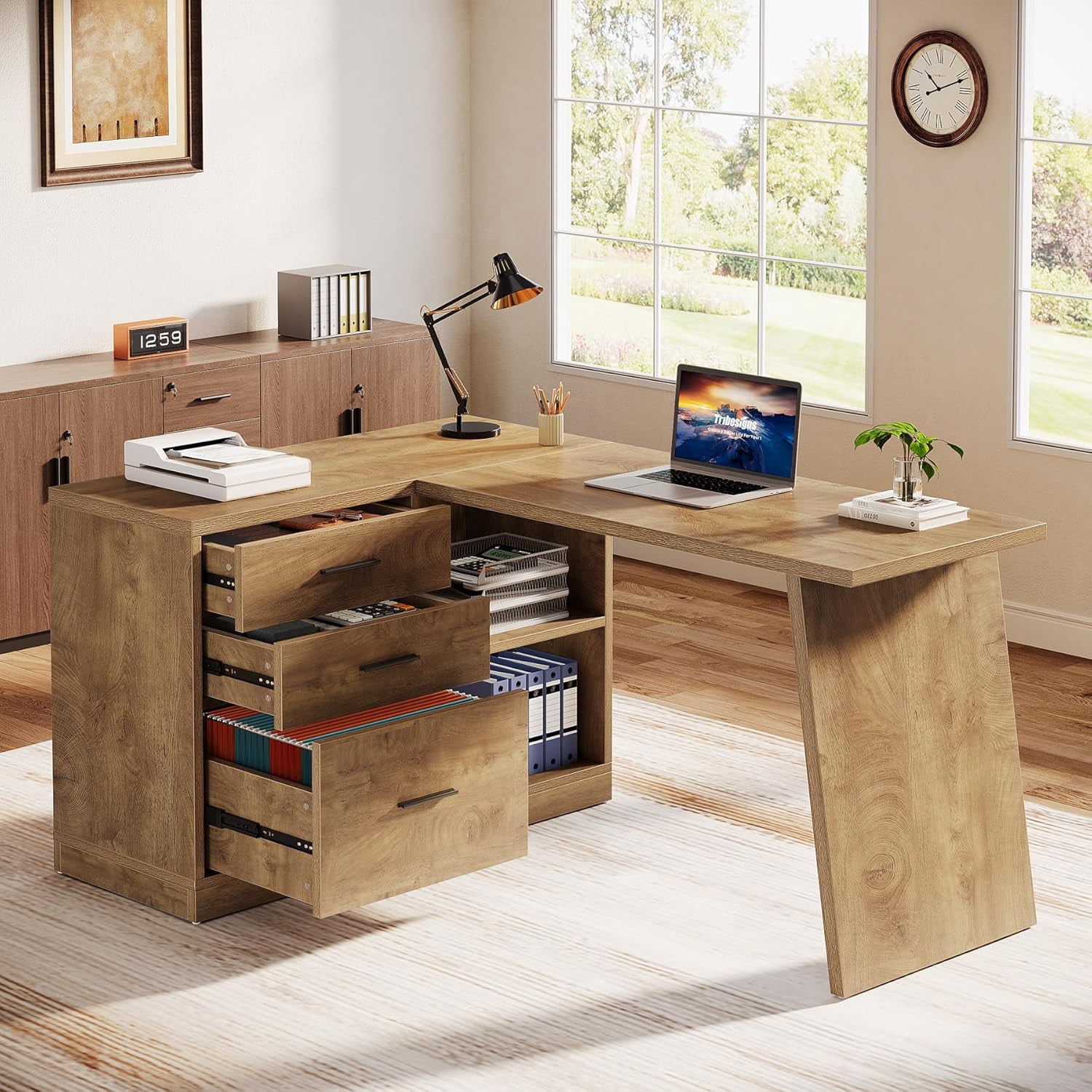 55-Inch L Shaped Computer Desk with 3 Drawers, Corner Home Office Desk with Storage Shelves
