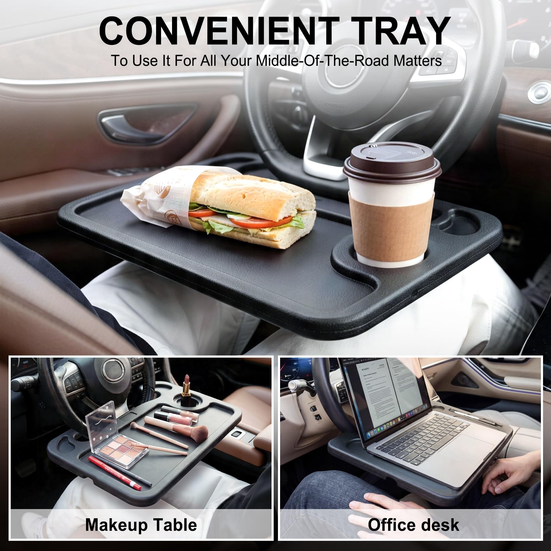 Car Steering Wheel Desk for Laptop,Multipurpose Travel Car Accessories, Car Seat Stand Trays for Eating, Steering Wheel Overhead Table Console(Black)