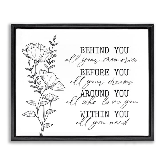 Stupell Industries Shabby Chic Floral Blossoms Loving Quote Behind Before Around Within Black Floating Frame Canvas Art, 21 x 17, by Lettered and Lined