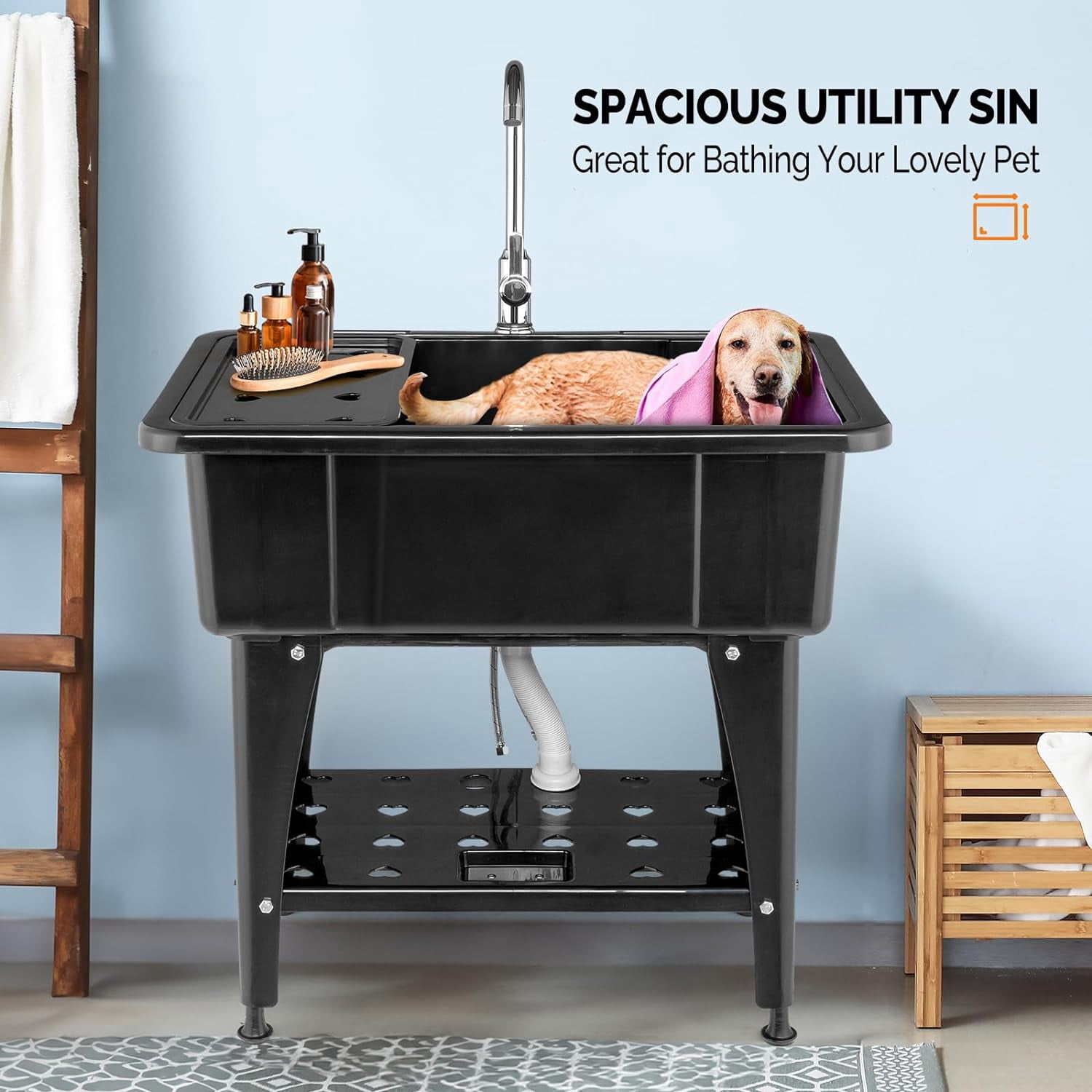 HJTER 20-Gallon Utility Sink Laundry Tub for Washing Room, Freestanding Utility Sink with Stainless Steel Faucet, (Black, 32.3"W x 22.4" D x 49.6"H (Faucet included))