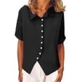 thumbnail image 3 of TaTaai 2026 Spring Summer Solid Color Linen Feel Top for Women Short Sleeve Button Front Stand Collar Casual Blouse Loose Fit Soft Comfy Daily Vacation Outfits Gift, 3 of 8