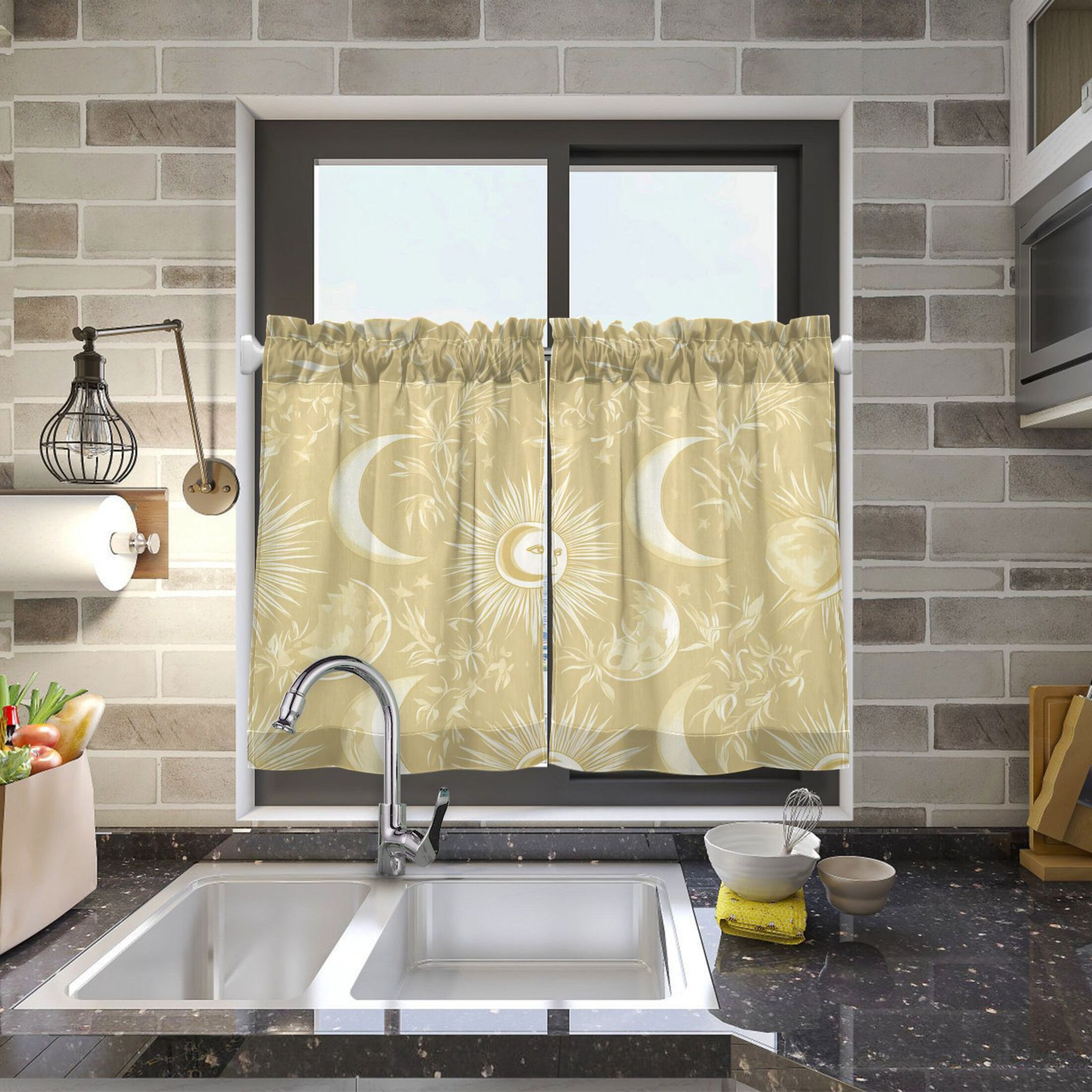 Facial Sun Moon Pattern 27"x36" Linen Look Cafe Curtain Set with Privacy and UV Protection